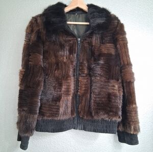 Brown Patchwork Faux Fur Zip Up Jacket    Size M